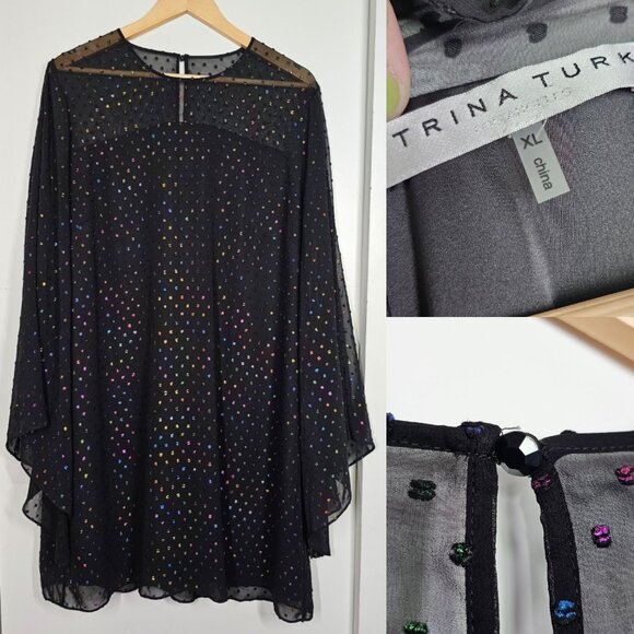 Trina Turk XL Black Rainbow Clip Dot Polkadot Tunic Top Sheer‎ Slit Bell Sleeve - Picture 3 of 15